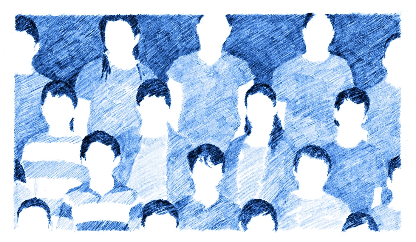 Sketch drawing of people in three rows with blank faces, blue and white coloring