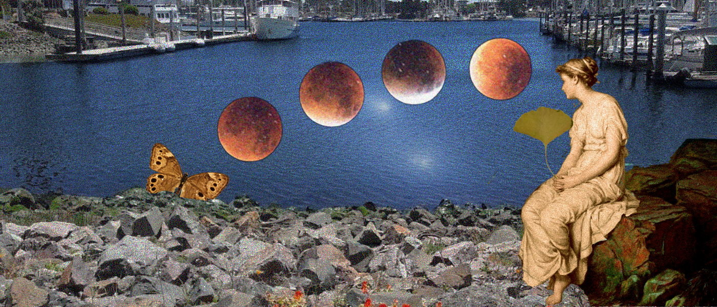 Photo collage of statue of woman sitting on rocks with harbor and boats in background with four moon orbs arcing from a large butterfly on rocks to face of statue