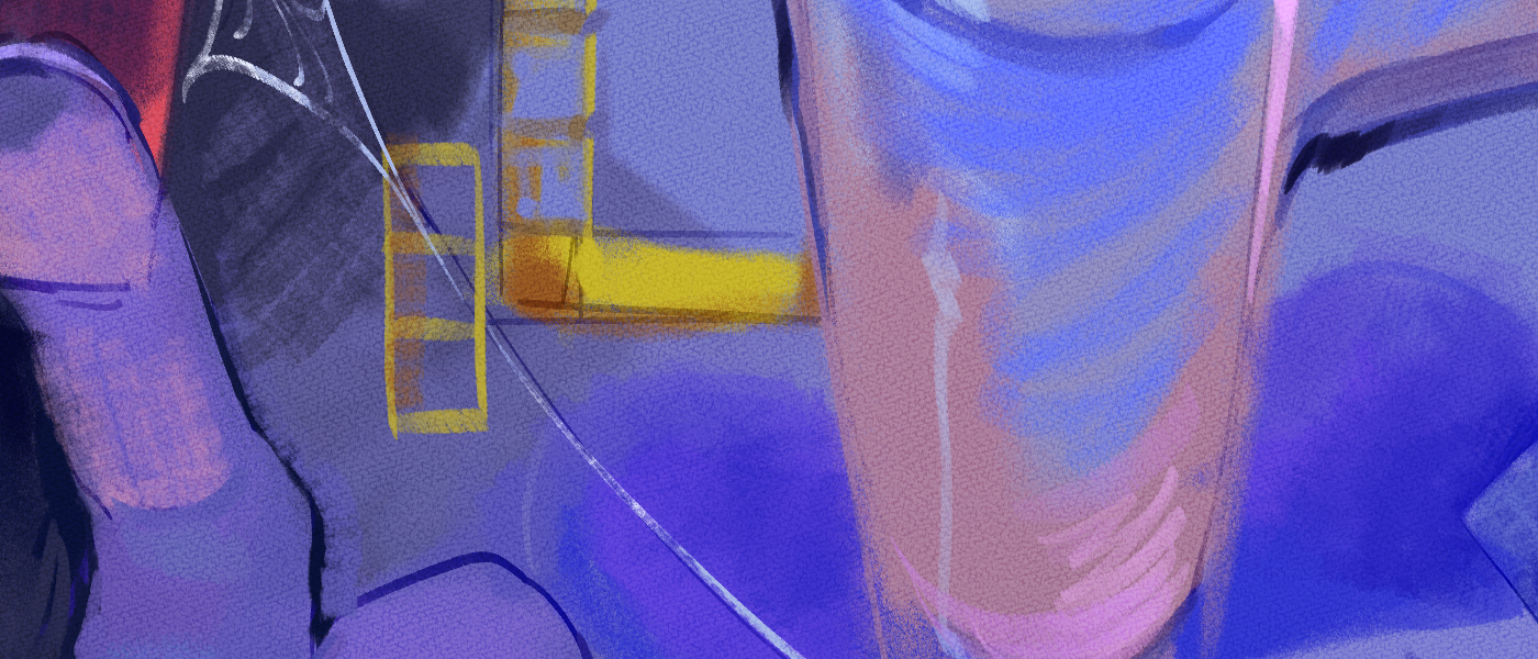 Neon purple art collage zoomed in of person's arm with a yellow ladder nearby