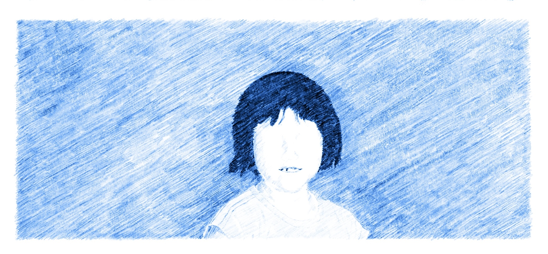 Hand-drawn sketch with blue pencil background and woman's outline with blank face and dark hair in center of image