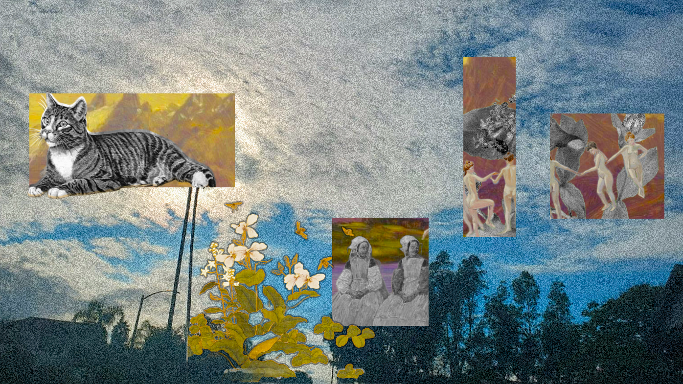 Photo collage blue cloudy sky background and tops of tree, with box cutouts in front, one with cat another with two girls, and two others with ballerina dancers