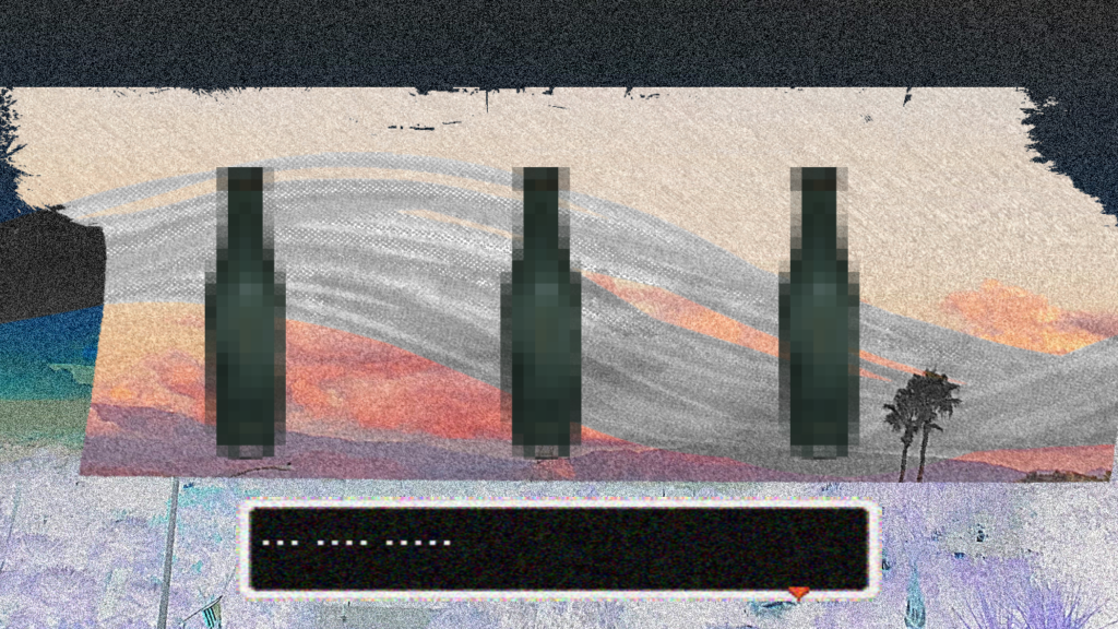 Photo collage with three grey vases in middle and black computer code box with code on bottom, background is surface of water