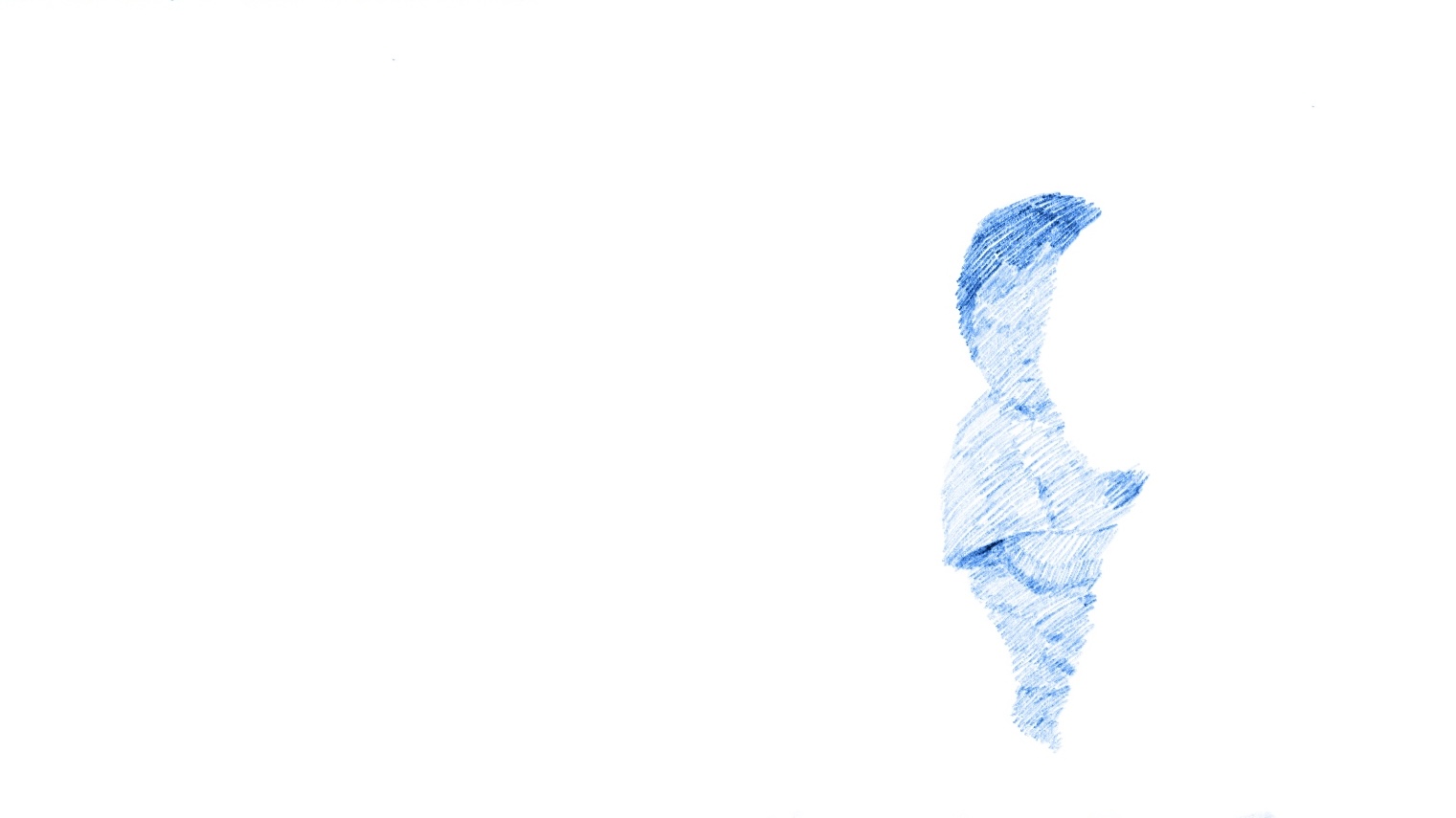 A rendering of a small child in light blue ink, with part of his face and body erased.